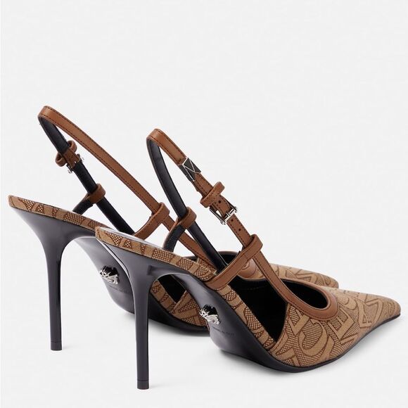 Versace Allover Logo Canvas Slingback Pumps In Brown Size 41 - Picture 3 of 13